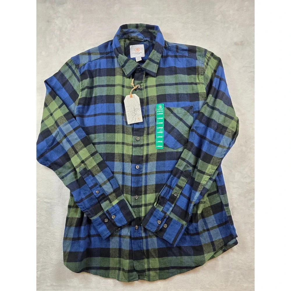 Cloudveil Flannel Shirt Mens Large Navy Green Cotton Stretch Plaid CVF22WT11